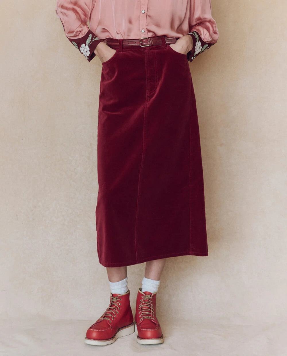 THE GREAT The Velvet Column Skirt Bordeaux Size 30 Western Holiday Romantic NWOT
